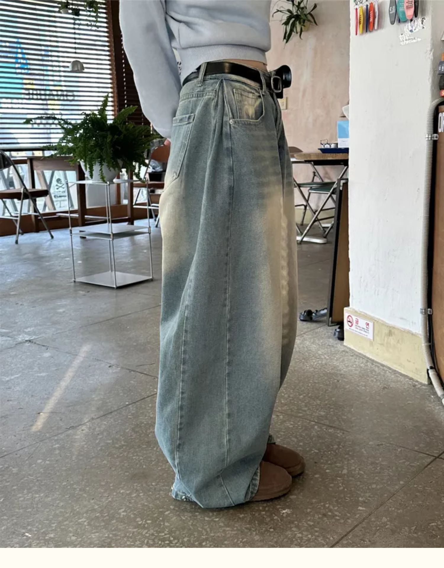 Women?s Retro Washed Wide-Leg Buttoned Hem Denim Jeans