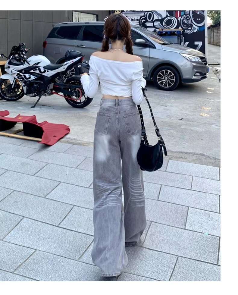 American Retro Loose Fit Wide Leg Denim Pants for Women