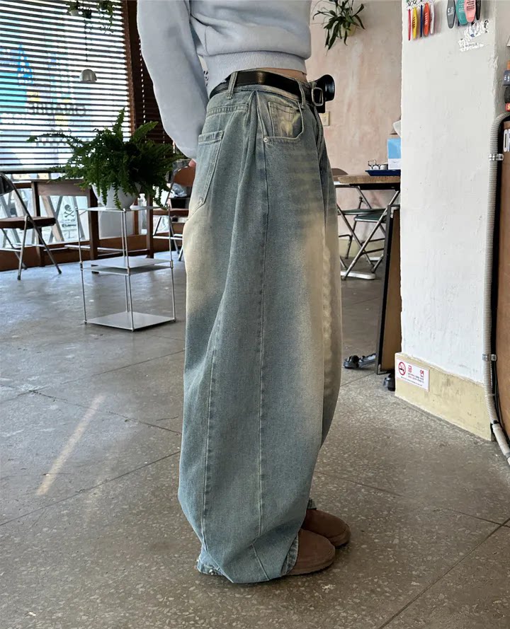 Women?s Retro Washed Wide-Leg Buttoned Hem Denim Jeans