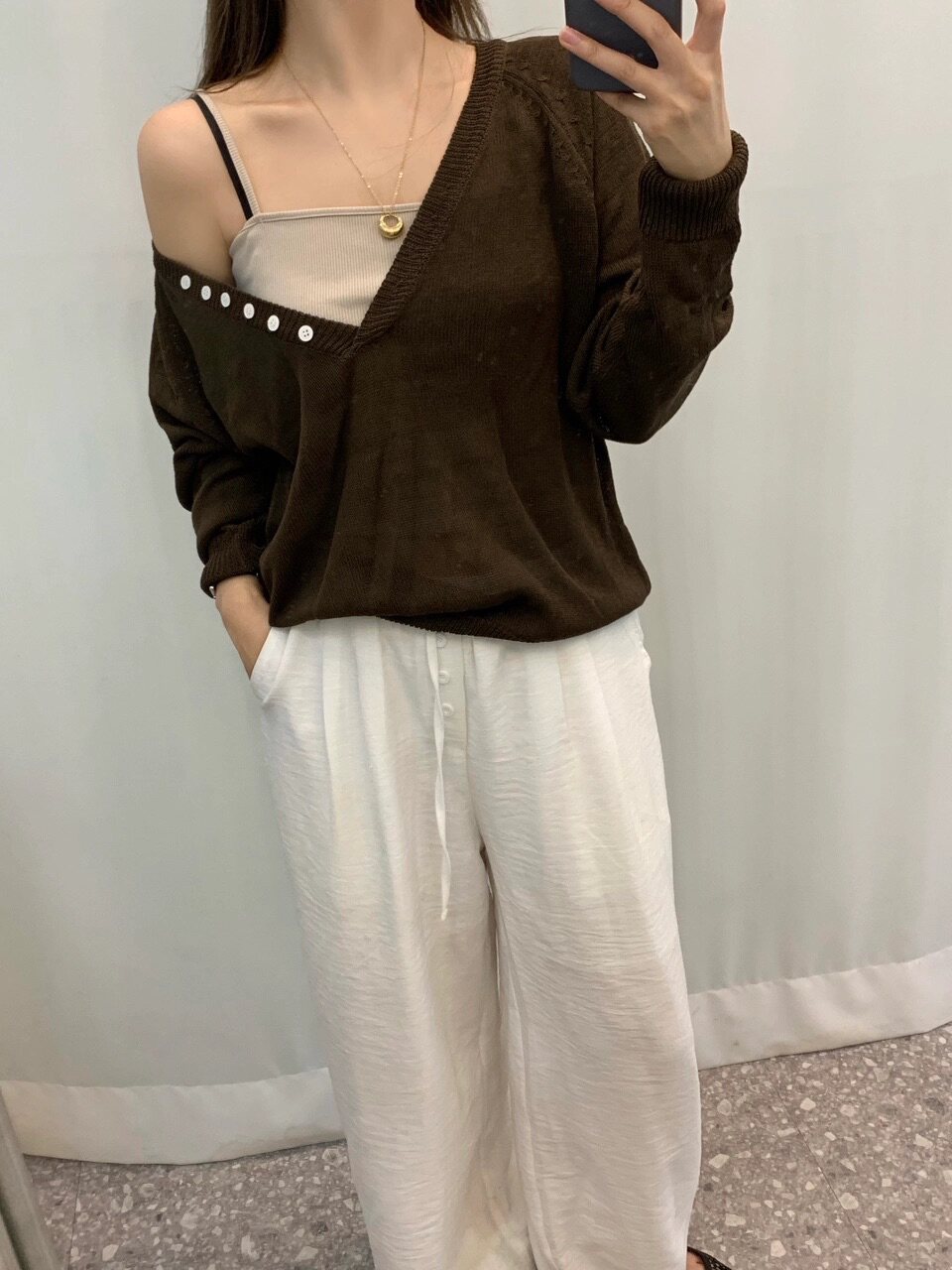 Women Autumn V-Neck Button Long-Sleeve Knit Top