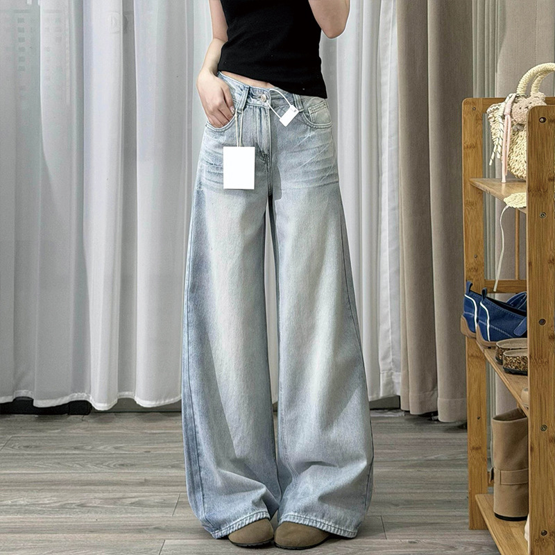 Retro Blue High-Waist Wide-Leg Distressed Denim Jeans for Women