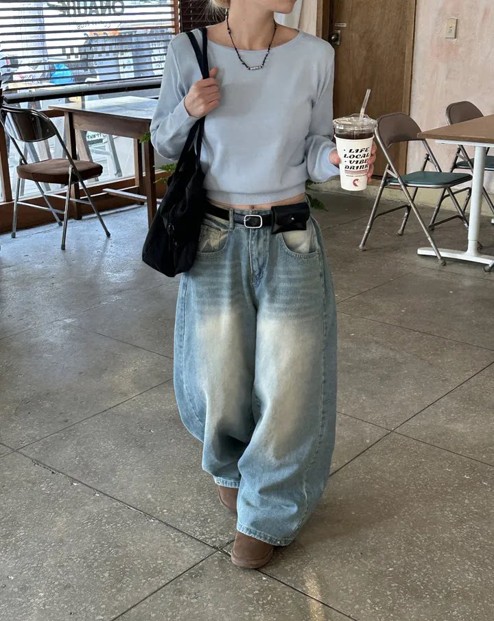 Women?s Retro Washed Wide-Leg Buttoned Hem Denim Jeans
