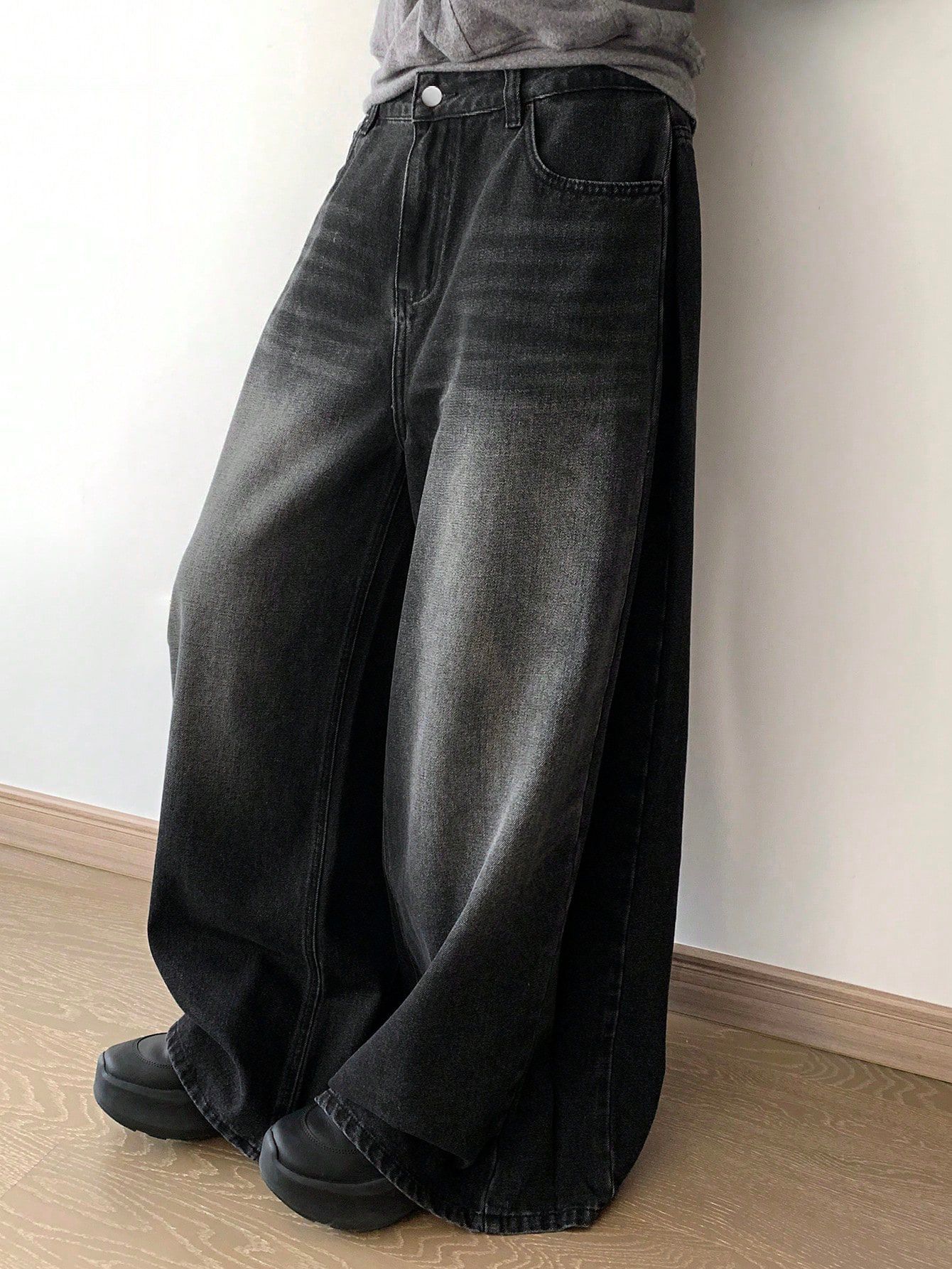 Black Washed Wide Leg Denim Pants