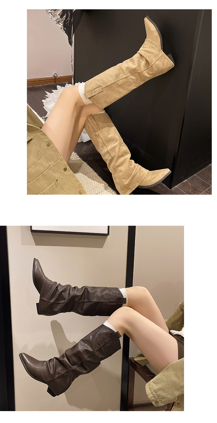 Pointed Toe Low Heel Suede Long Tube Women's Boots Khaki Black Brown