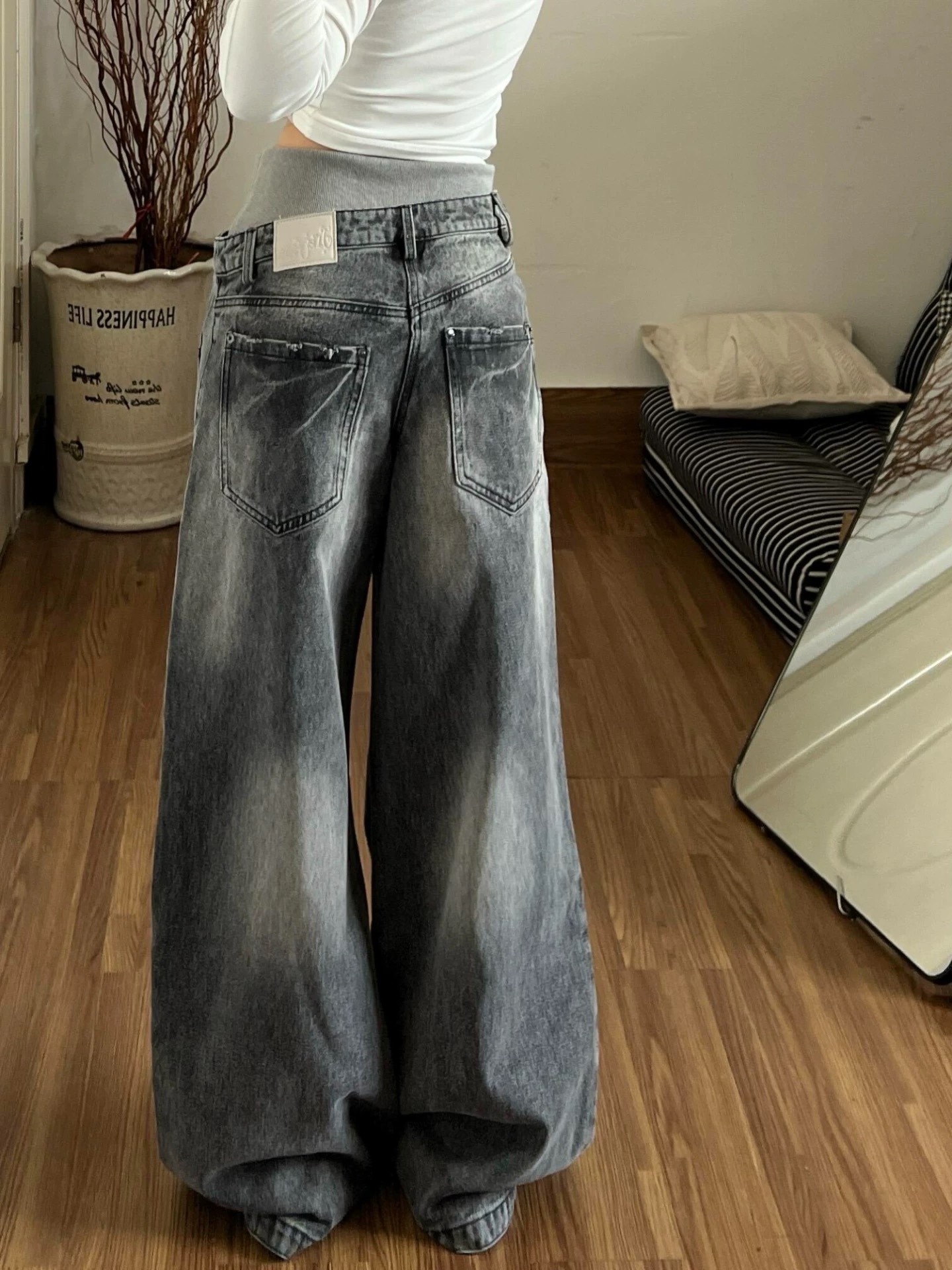 Vintage Washed Double-Waistband Wide-Leg Women's Jeans