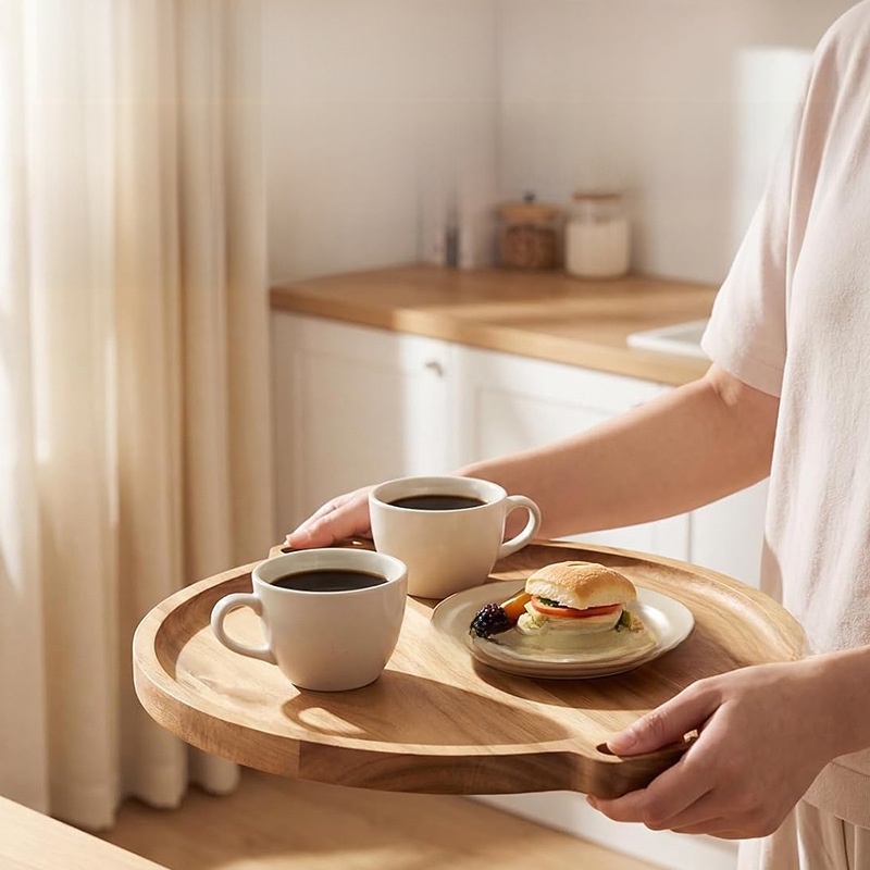 Solid Wood Oval Serving Tray with Handle Modern Decorative Tea Coffee Display Platter
