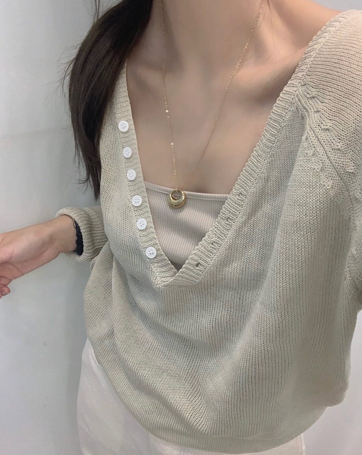 Women Autumn V-Neck Button Long-Sleeve Knit Top