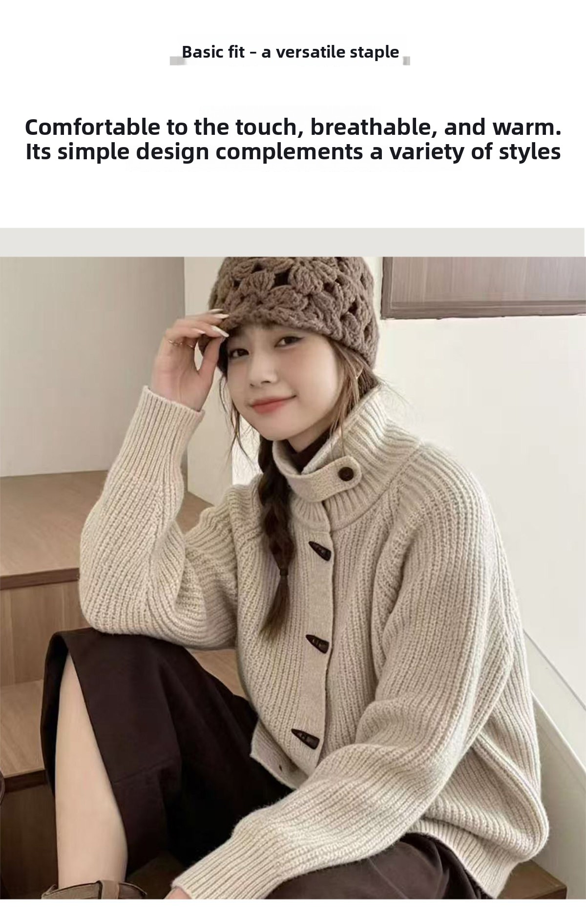Women Knitted High Collar Cardigan Horn Button Thick Sweater