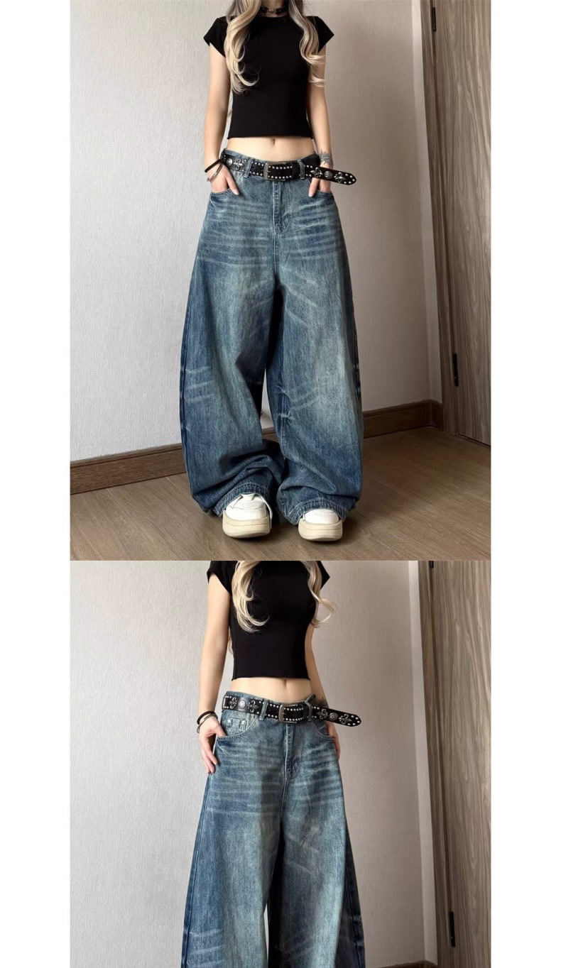Vintage Distressed High-Waist Wide-Leg Floor-Length Denim Pants for Women