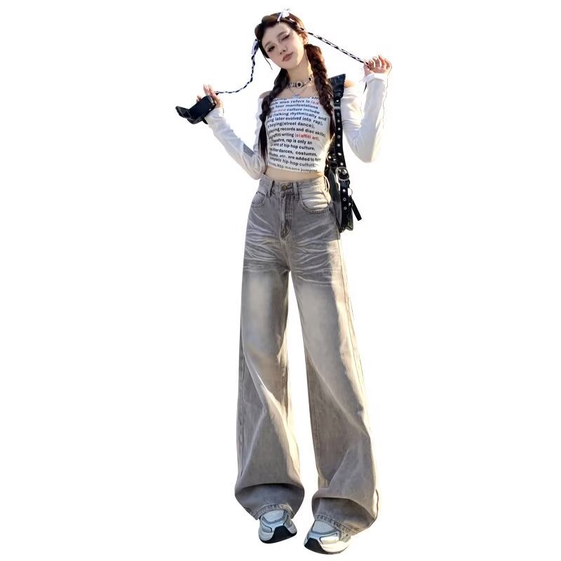 American Retro Loose Fit Wide Leg Denim Pants for Women