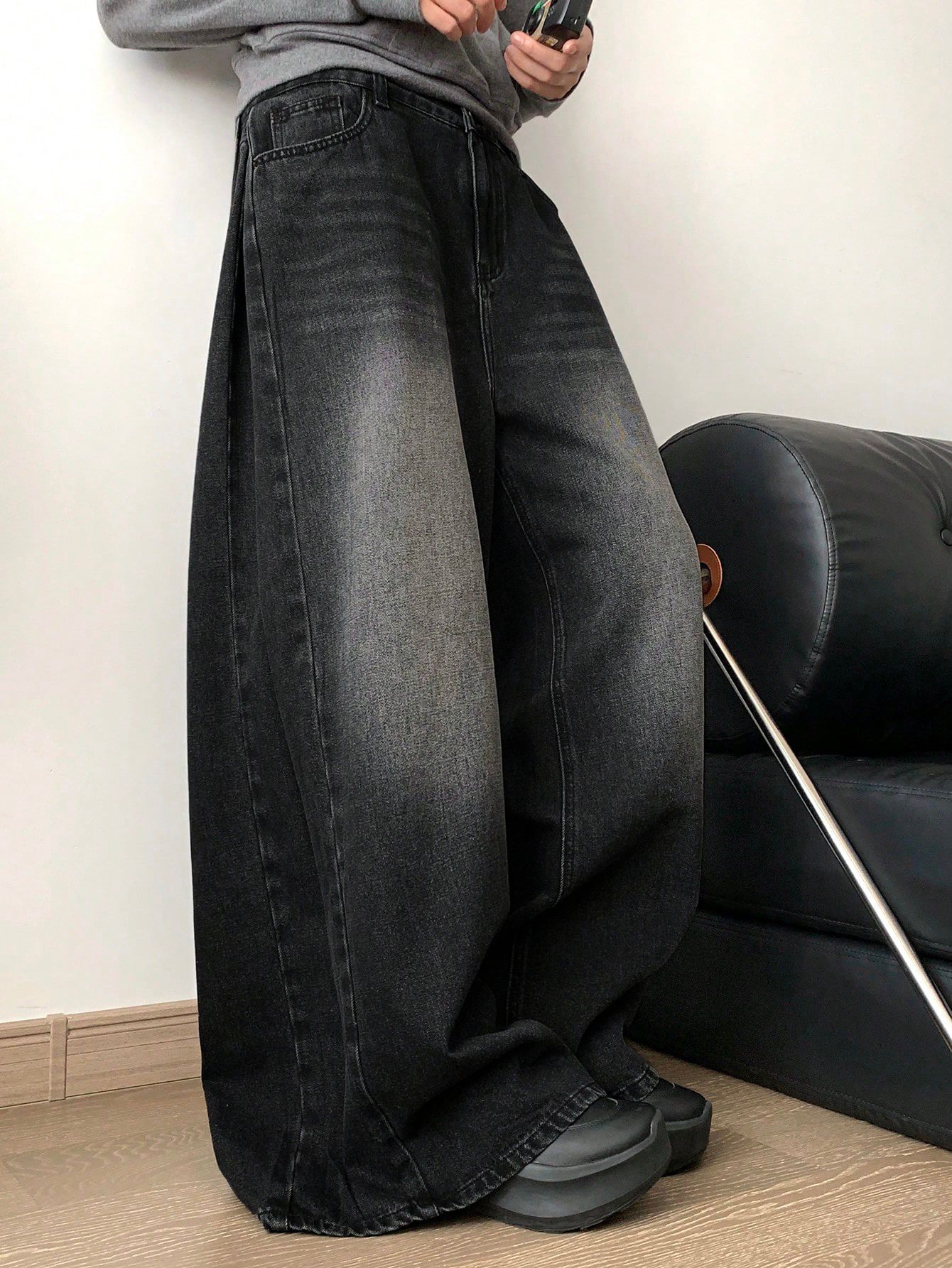 Black Washed Wide Leg Denim Pants
