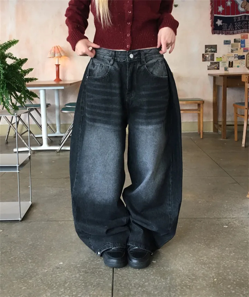 Women?s Retro Washed Wide-Leg Buttoned Hem Denim Jeans