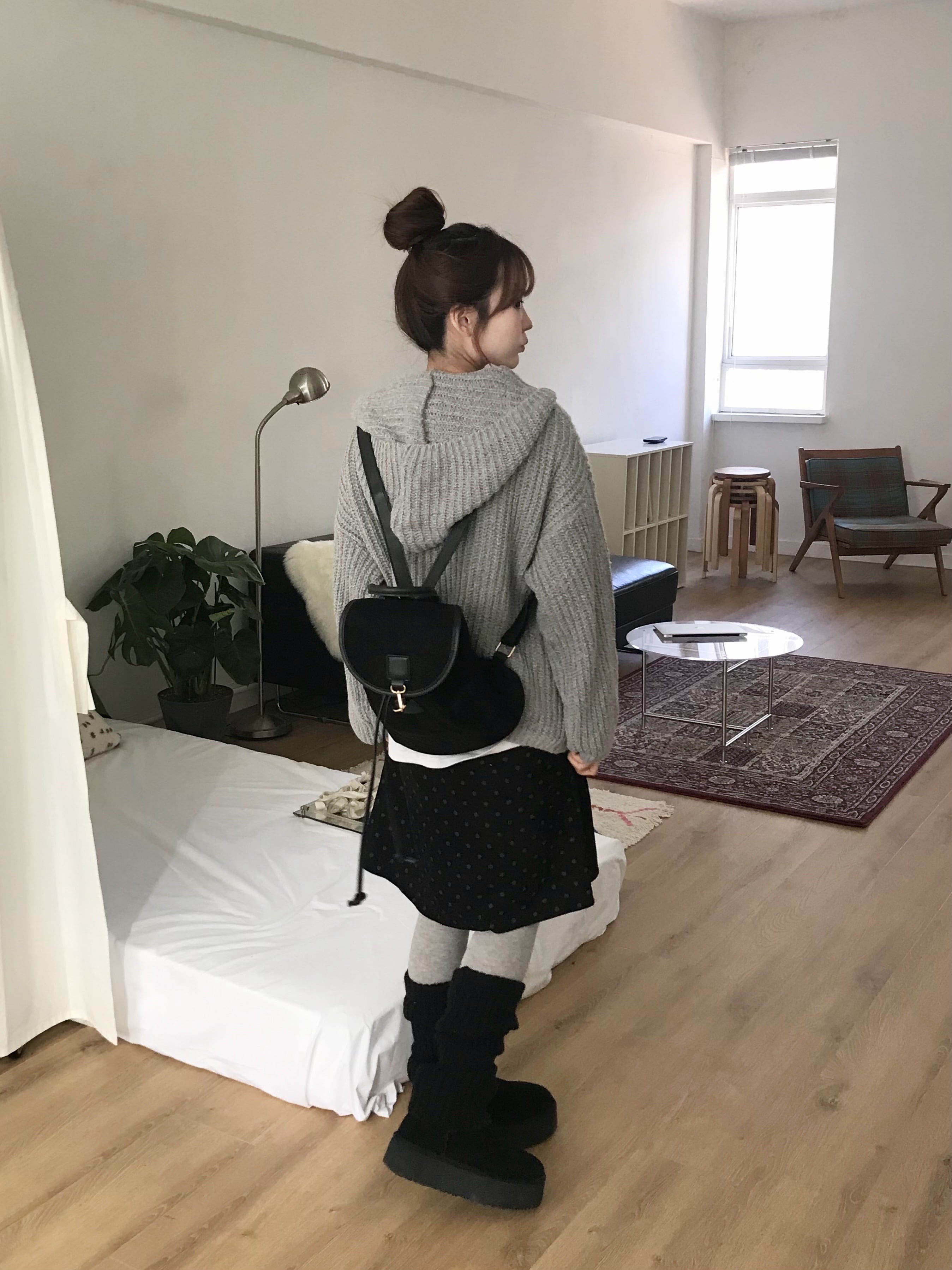 Women's Gray Hooded Button Knit Sweater Jacket