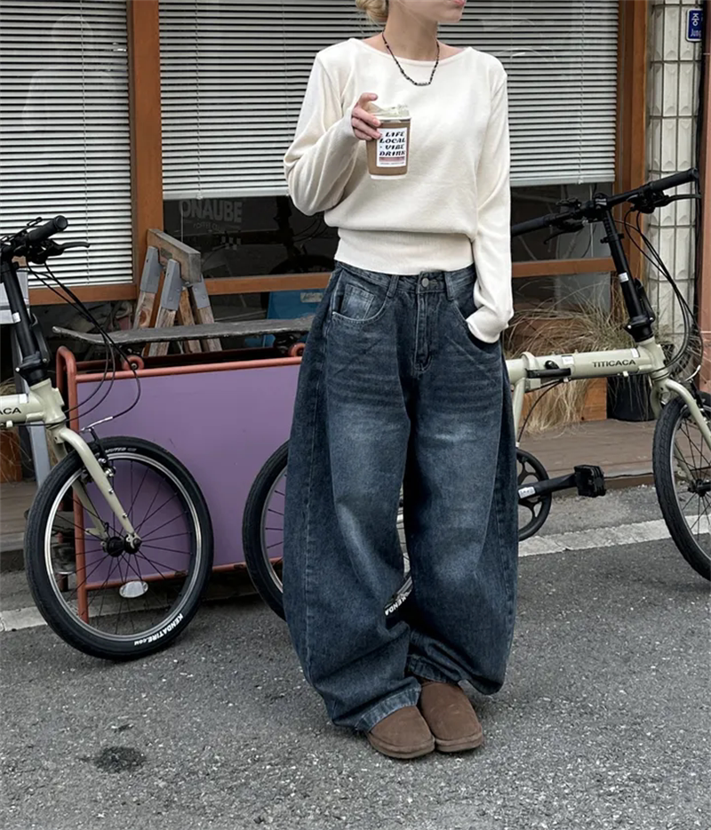 Women?s Retro Washed Wide-Leg Buttoned Hem Denim Jeans