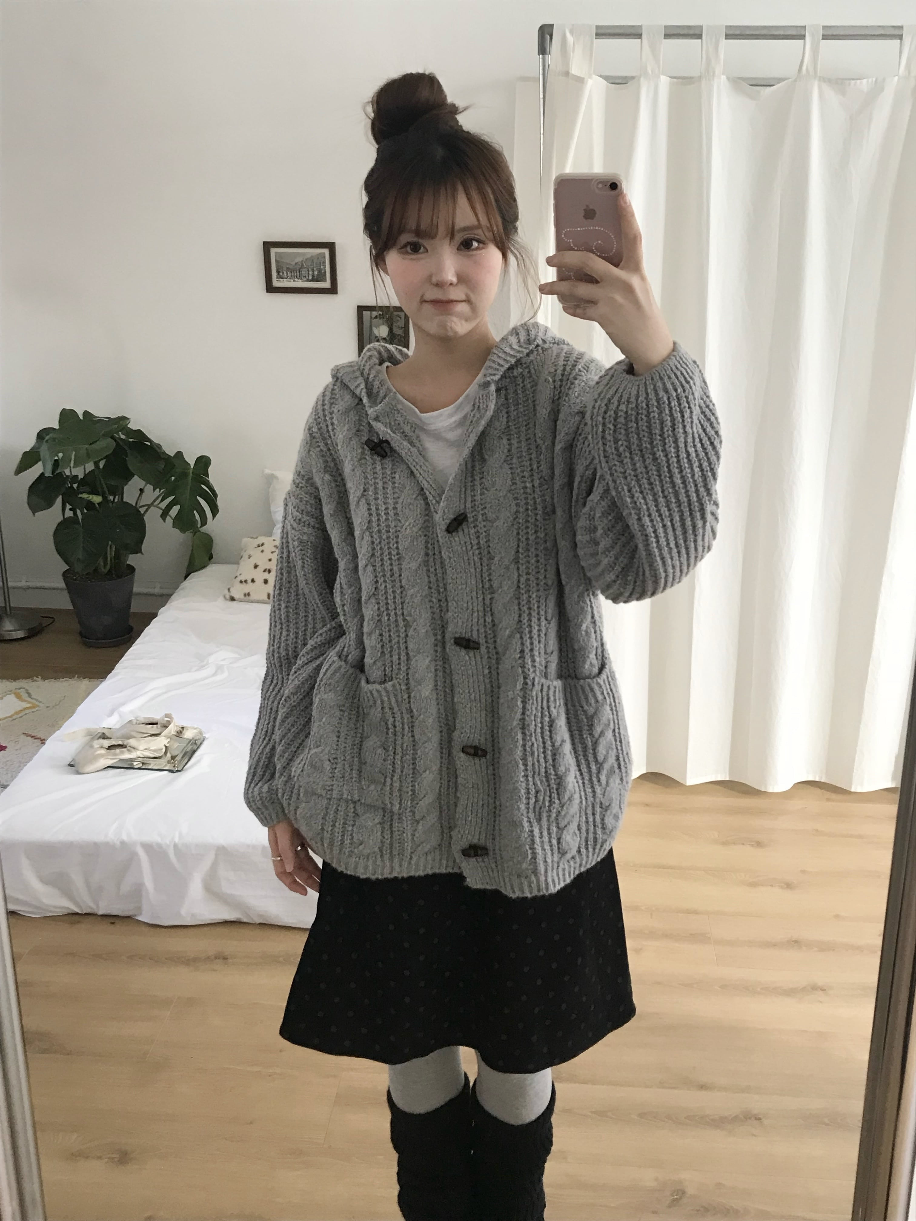 Women's Gray Hooded Button Knit Sweater Jacket