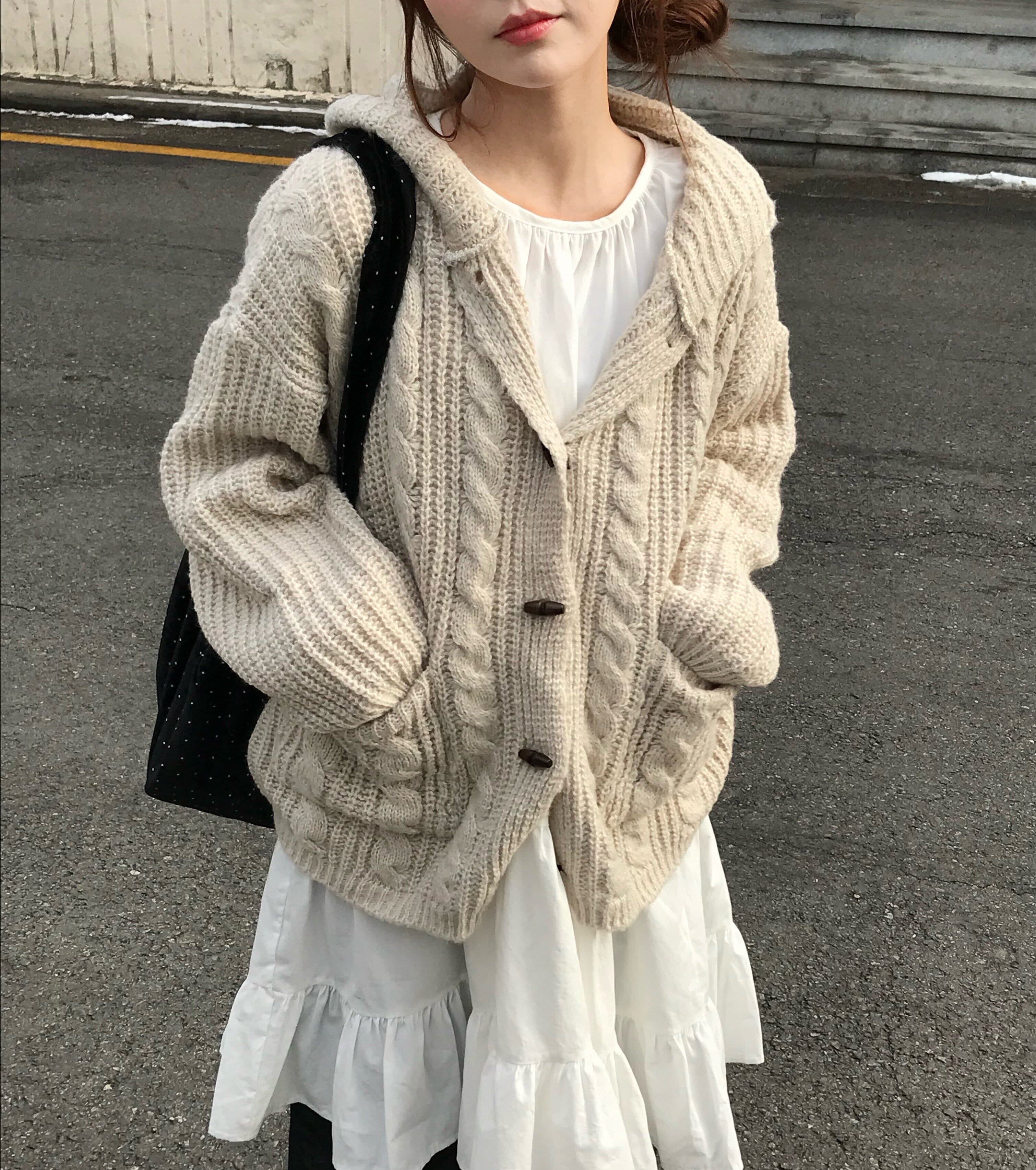 Women's Gray Hooded Button Knit Sweater Jacket