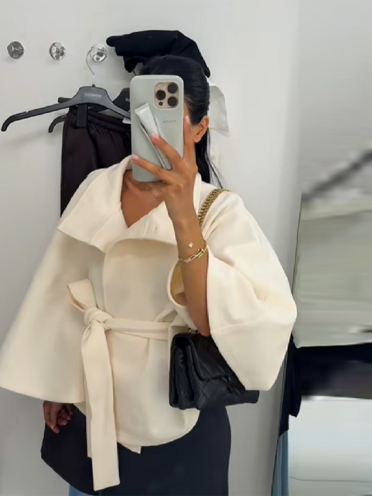 Women's Stand Collar Tie-Up Cropped Jacket Loose Fit Casual