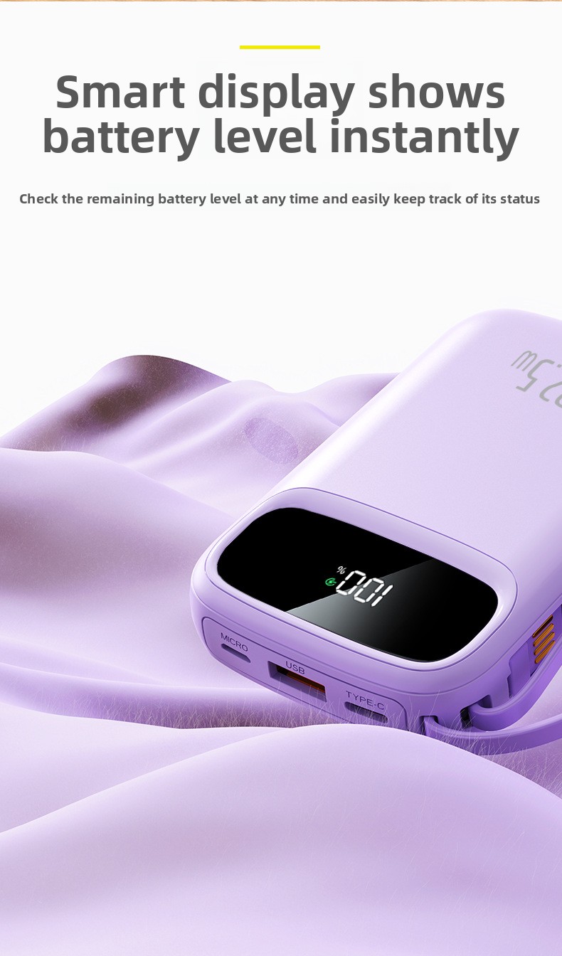 Large-capacity, compact power bank with built-in cable