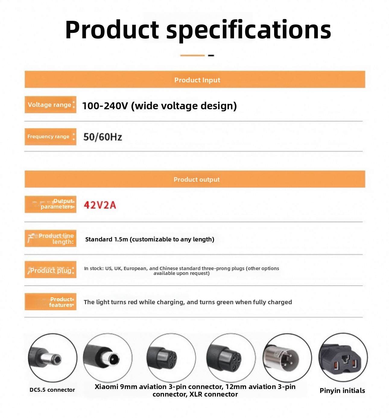 54.6V 2A Smart Charger for 48V Lithium Battery Packs with Multiple Plugs and Connector Heads