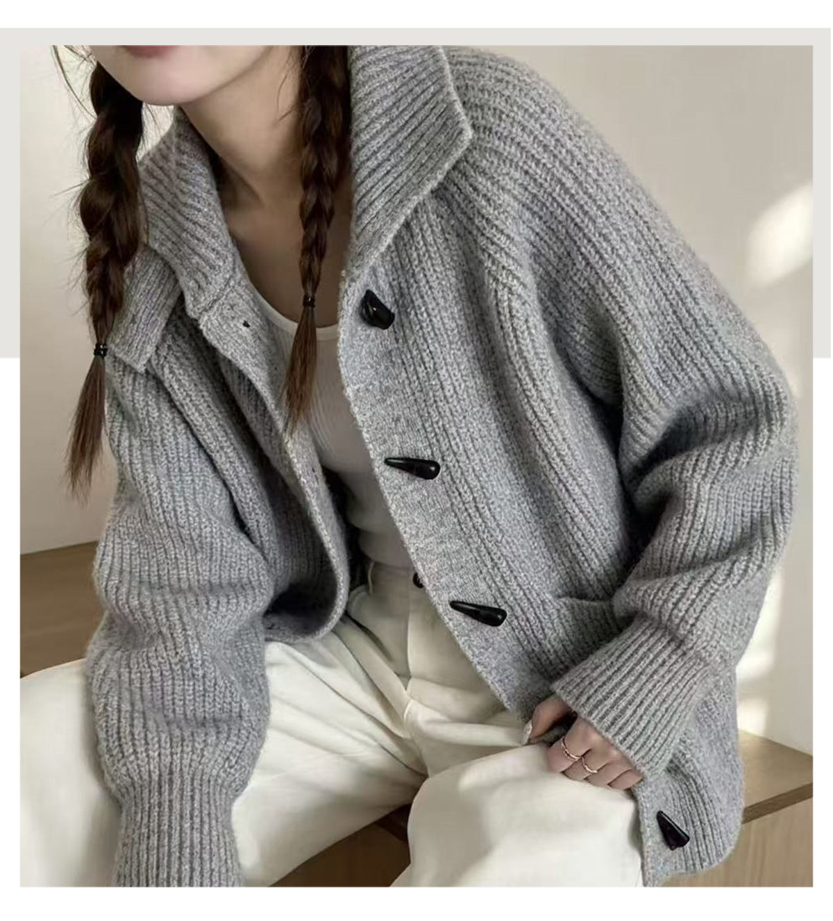 Women Knitted High Collar Cardigan Horn Button Thick Sweater