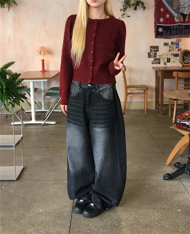 Women?s Retro Washed Wide-Leg Buttoned Hem Denim Jeans
