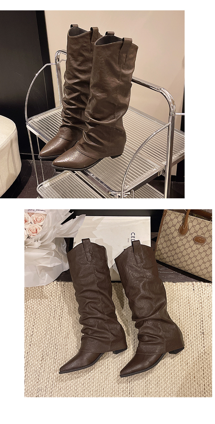 Pointed Toe Low Heel Suede Long Tube Women's Boots Khaki Black Brown