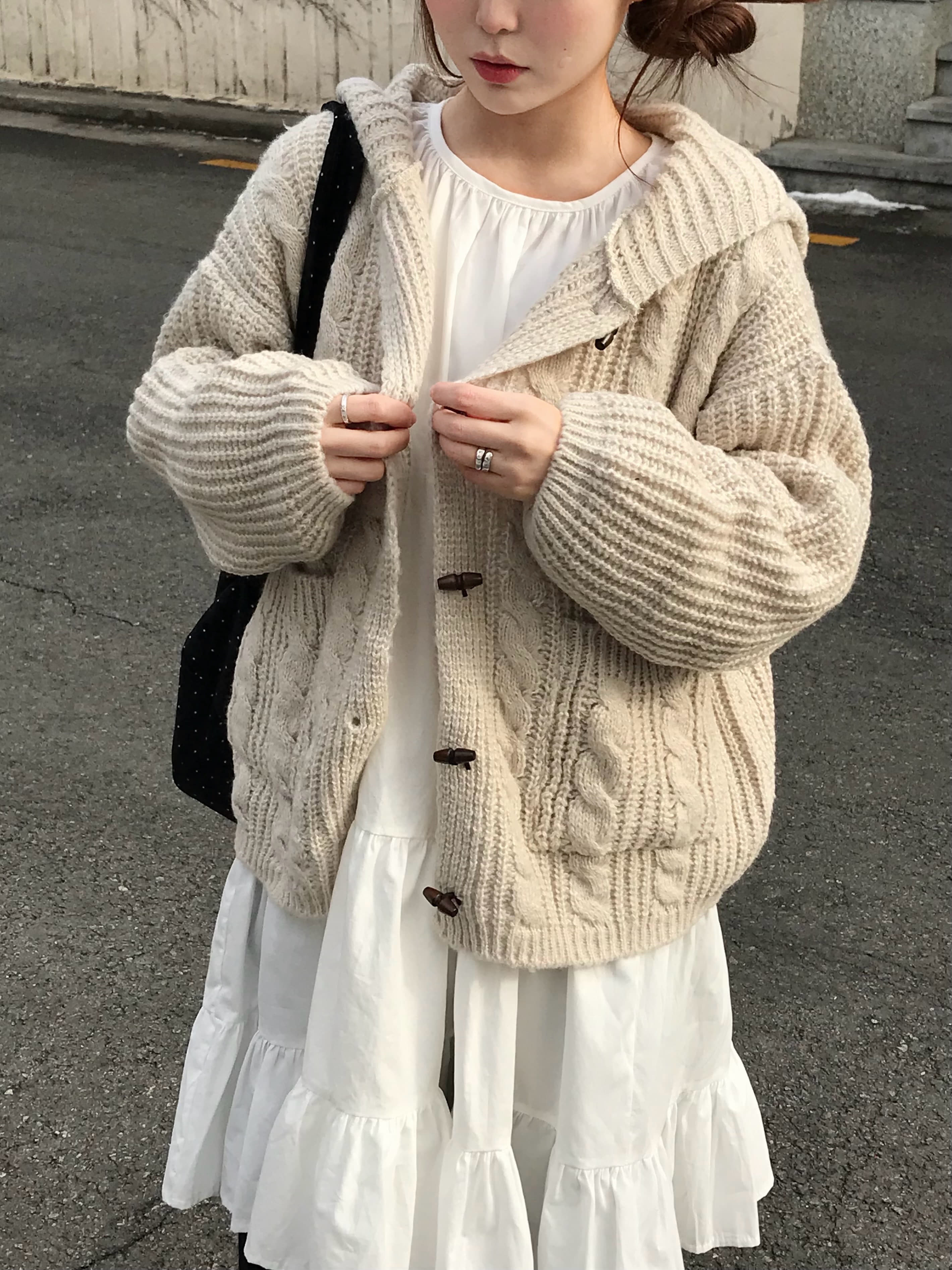Women's Gray Hooded Button Knit Sweater Jacket