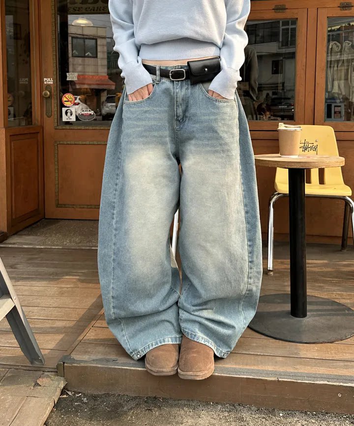 Women?s Retro Washed Wide-Leg Buttoned Hem Denim Jeans