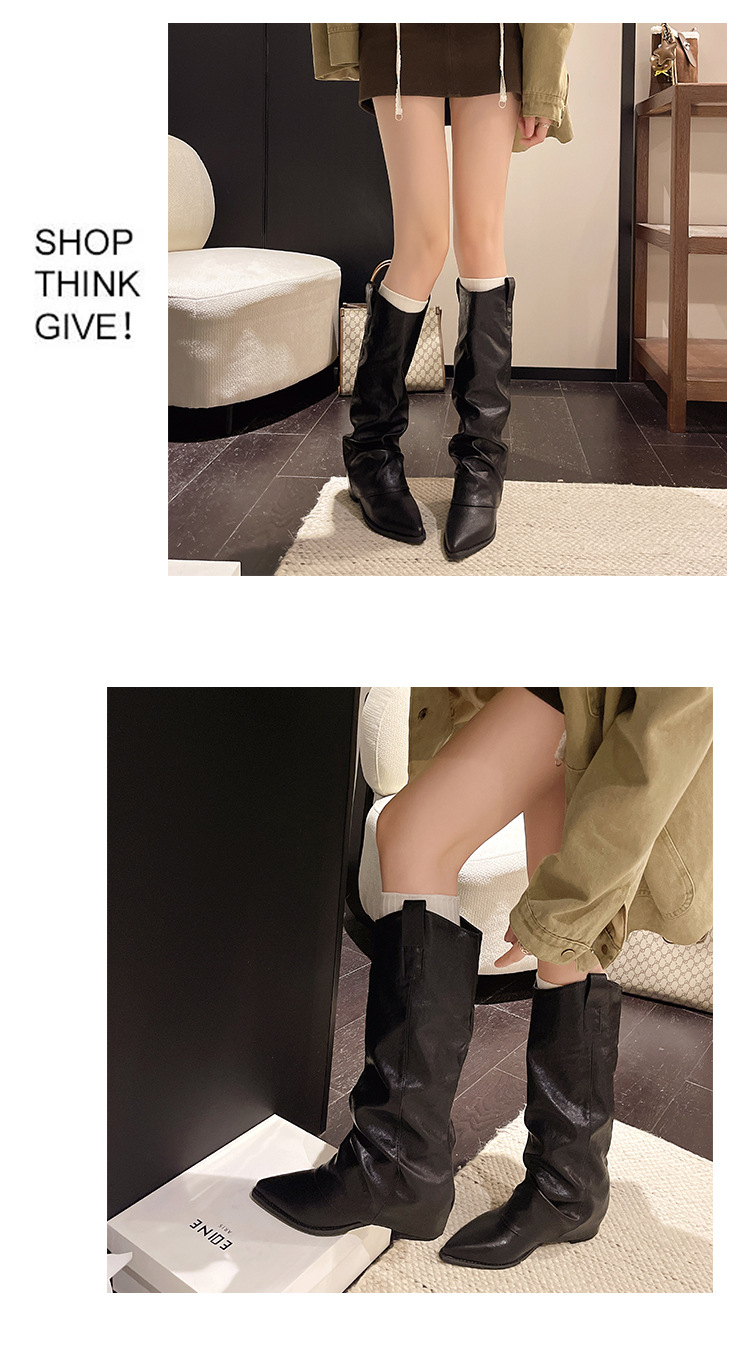 Pointed Toe Low Heel Suede Long Tube Women's Boots Khaki Black Brown