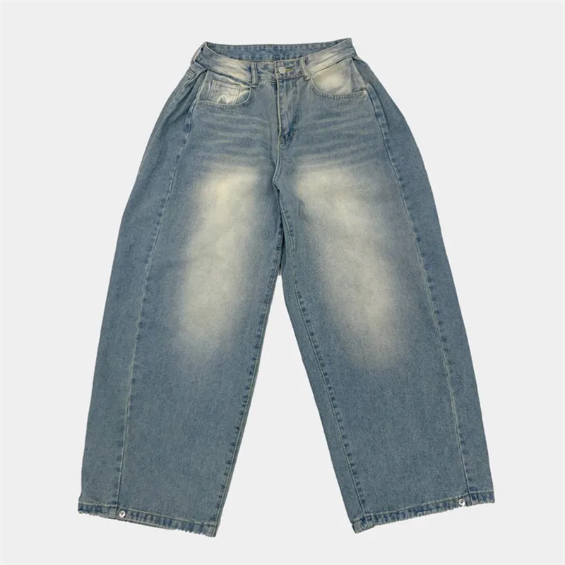 Women?s Retro Washed Wide-Leg Buttoned Hem Denim Jeans