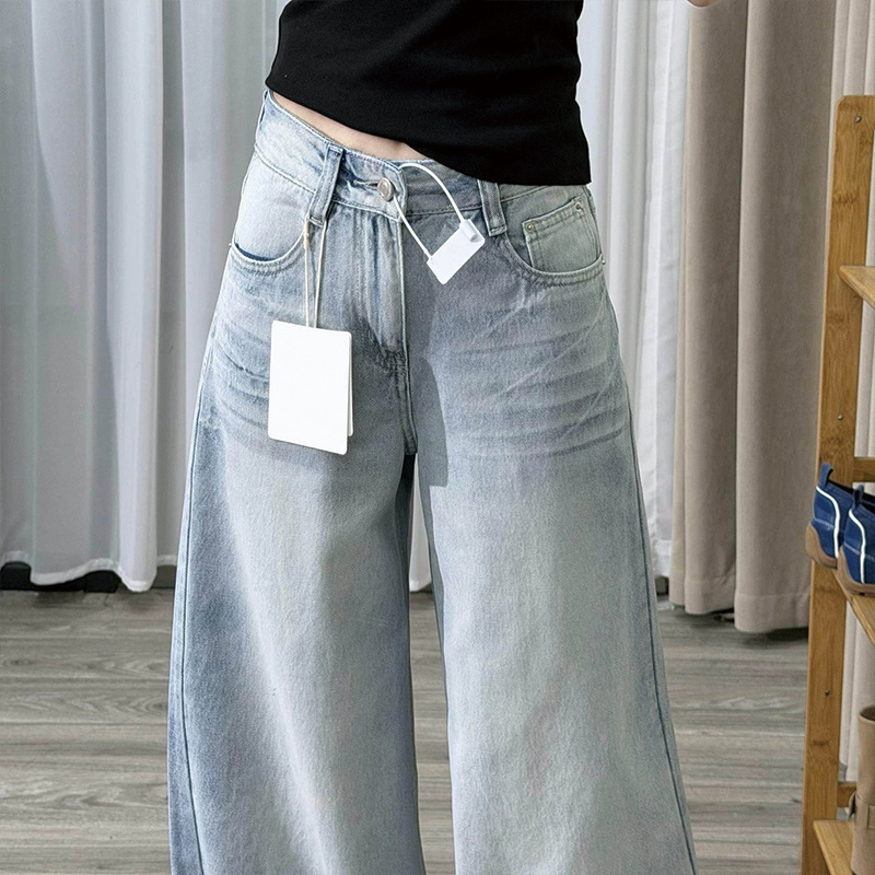Retro Blue High-Waist Wide-Leg Distressed Denim Jeans for Women