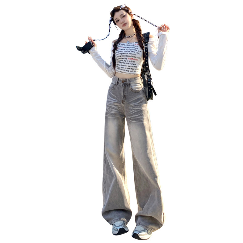 American Retro Loose Fit Wide Leg Denim Pants for Women