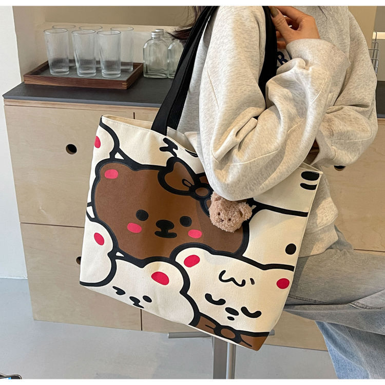 Casual Large Capacity Cartoon Bear Canvas Shoulder Tote Bag