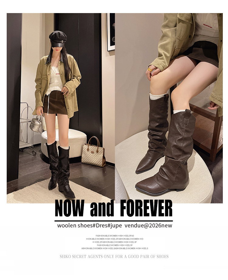 Pointed Toe Low Heel Suede Long Tube Women's Boots Khaki Black Brown