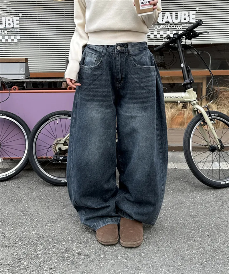 Women?s Retro Washed Wide-Leg Buttoned Hem Denim Jeans