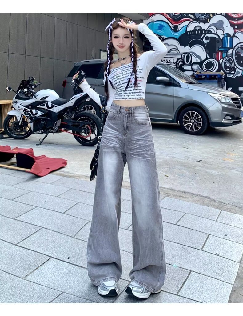 American Retro Loose Fit Wide Leg Denim Pants for Women