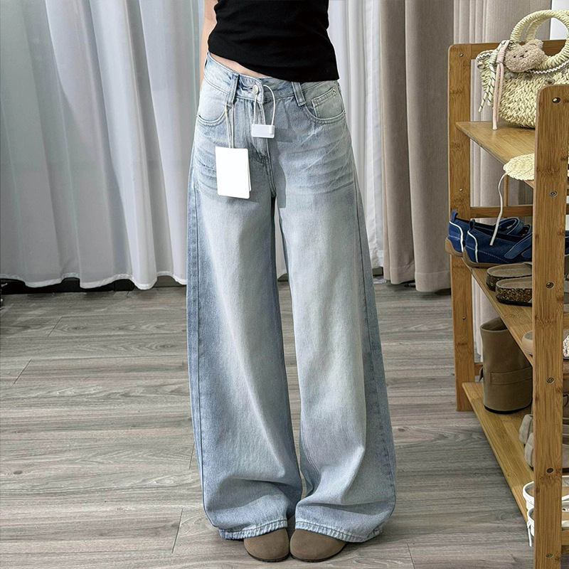 Retro Blue High-Waist Wide-Leg Distressed Denim Jeans for Women