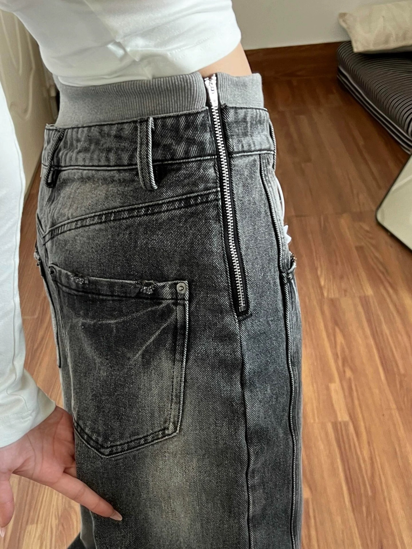 Vintage Washed Double-Waistband Wide-Leg Women's Jeans