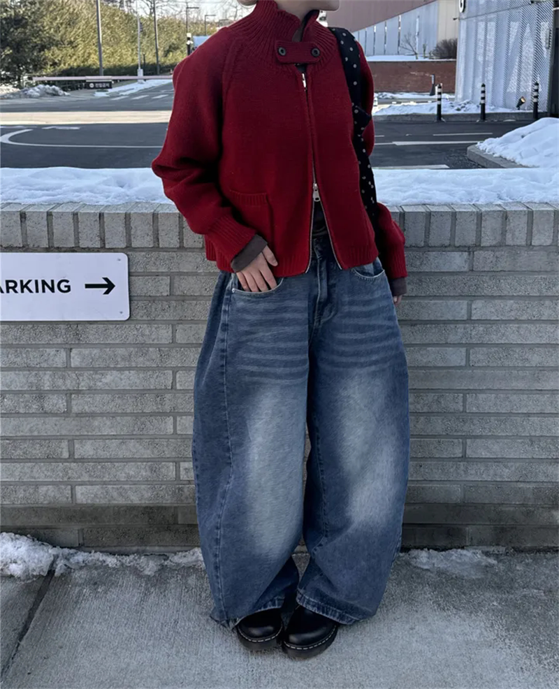 Women?s Retro Washed Wide-Leg Buttoned Hem Denim Jeans