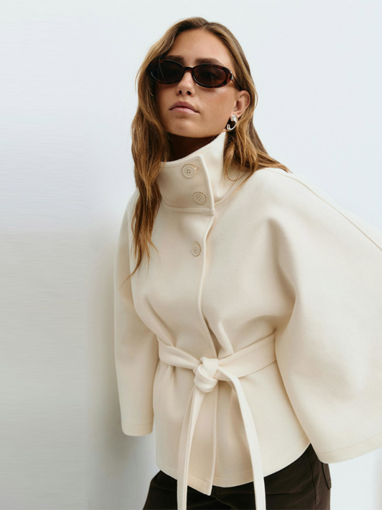 Women's Stand Collar Tie-Up Cropped Jacket Loose Fit Casual