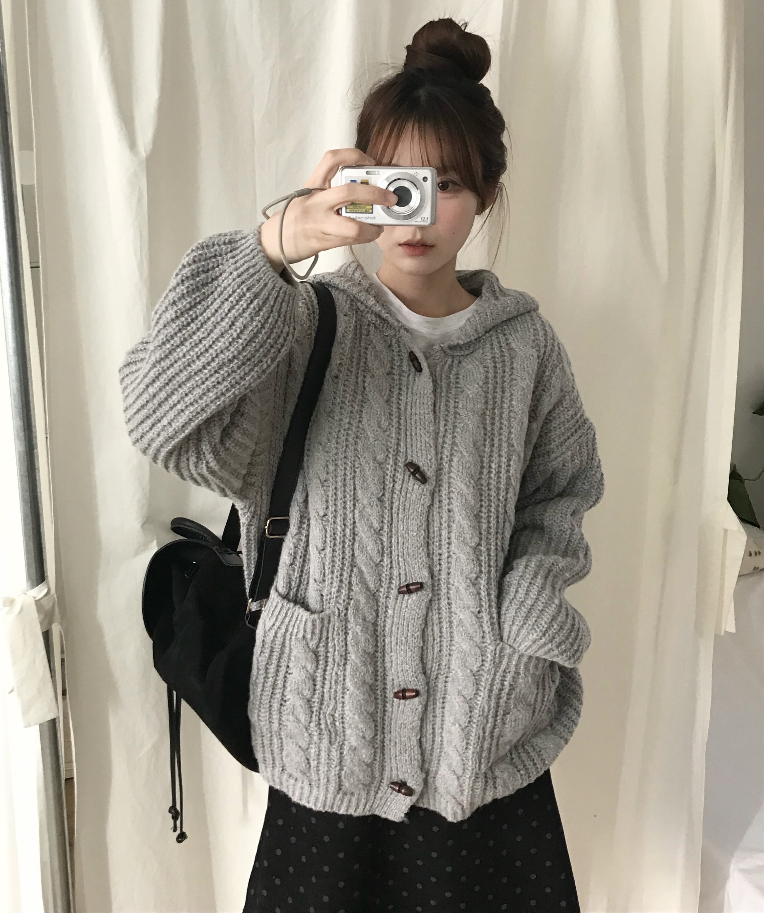 Women's Gray Hooded Button Knit Sweater Jacket