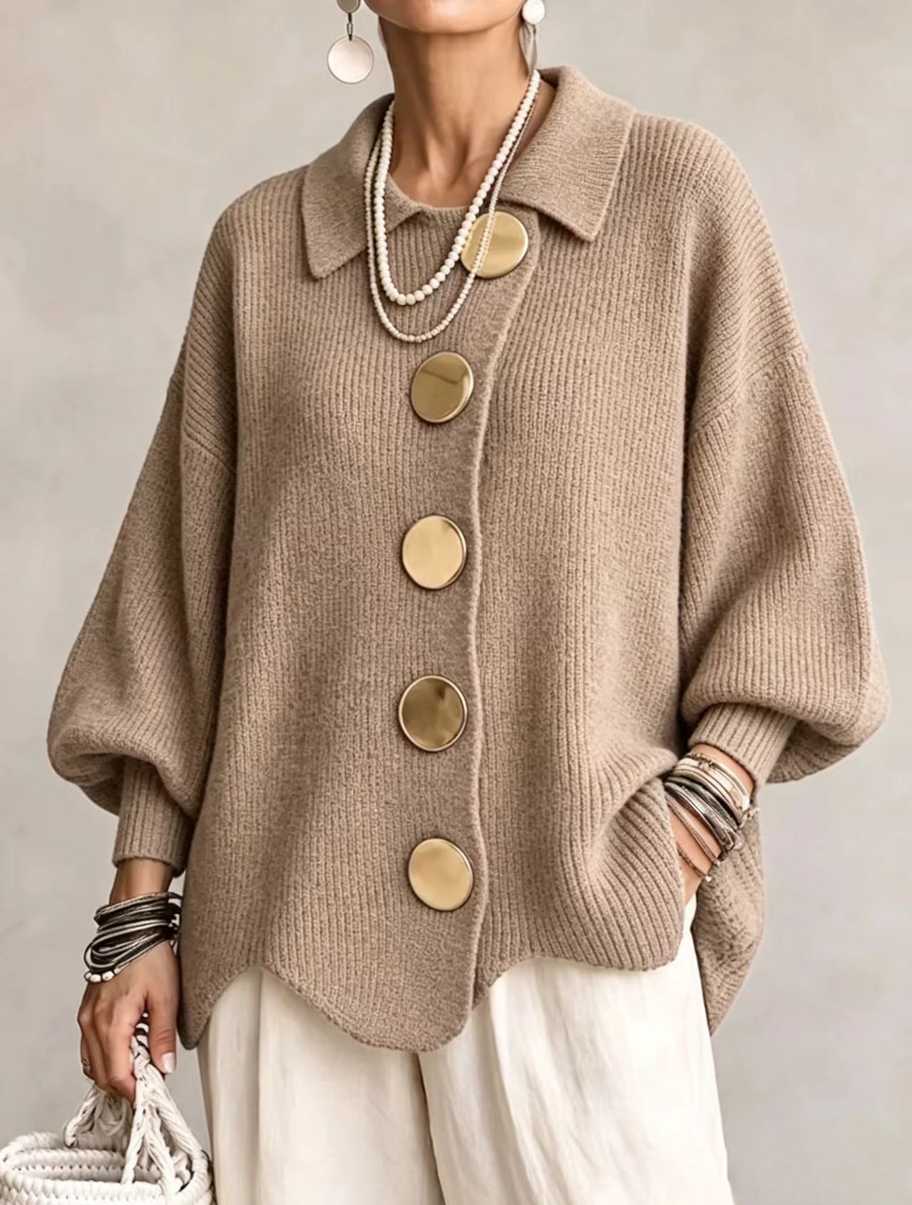 Women's V-Neck Button Long Sleeve Knit Sweater