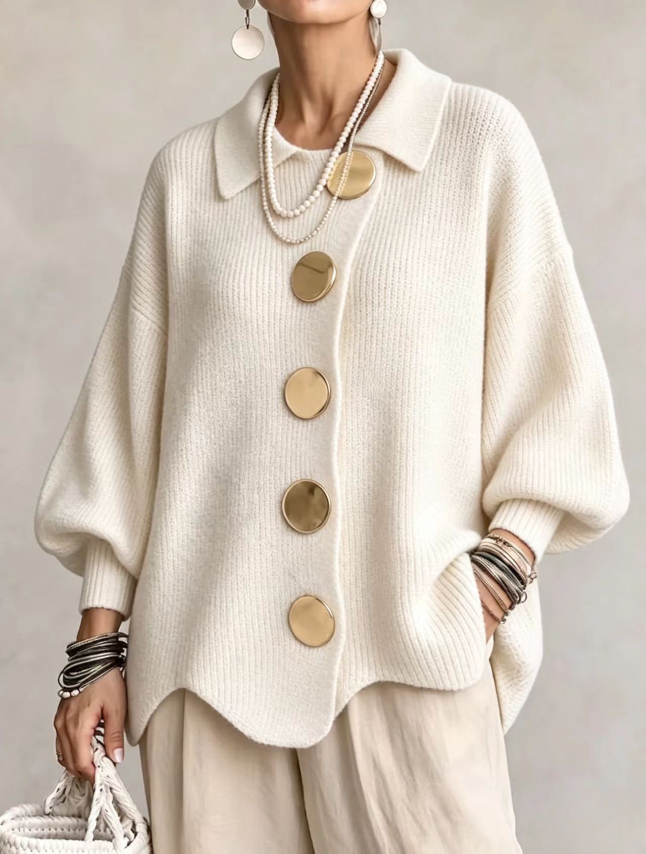 Women's V-Neck Button Long Sleeve Knit Sweater