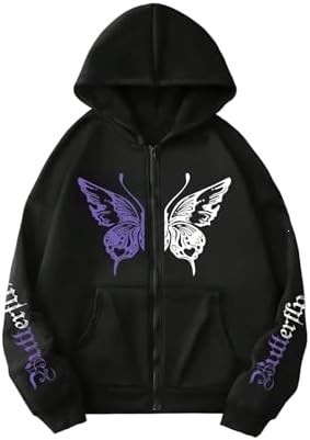 Women's Y2K Zip Up Hoodie 3D Butterfly Print Long Sleeve Loose Fit Jacket