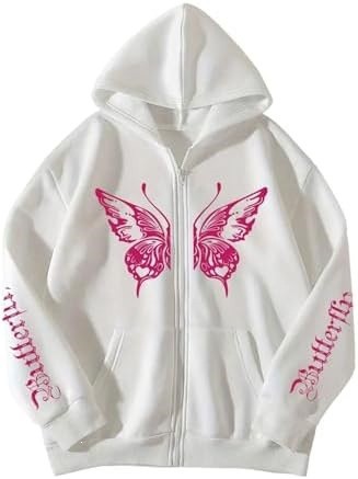 Women's Y2K Zip Up Hoodie 3D Butterfly Print Long Sleeve Loose Fit Jacket