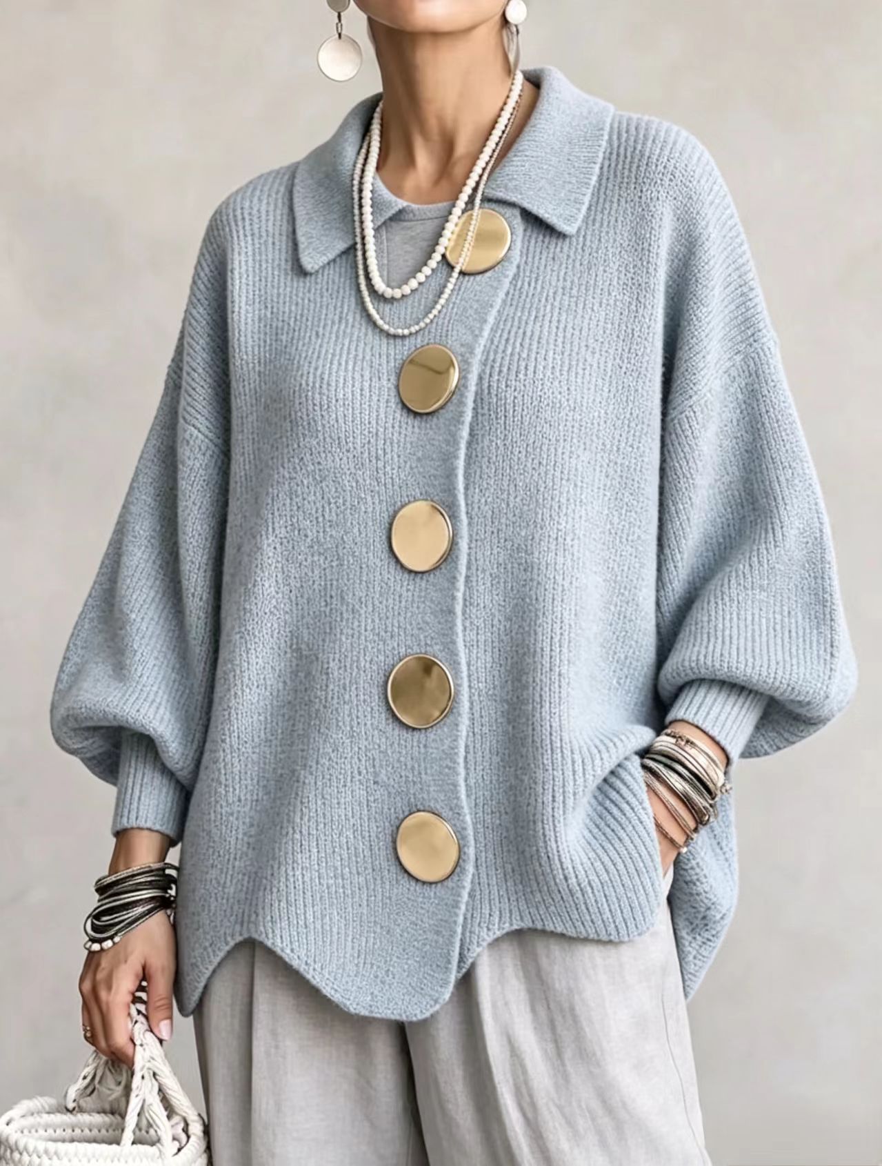 Women's V-Neck Button Long Sleeve Knit Sweater