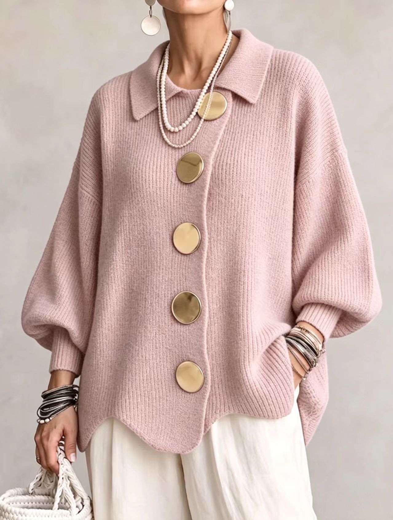 Women's V-Neck Button Long Sleeve Knit Sweater