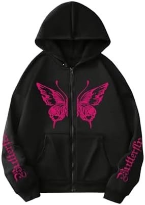 Women's Y2K Zip Up Hoodie 3D Butterfly Print Long Sleeve Loose Fit Jacket