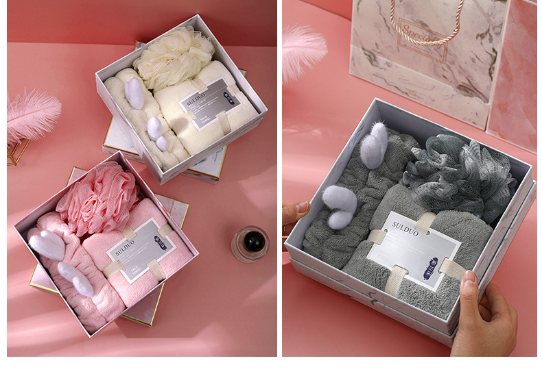 Soft Coral Velvet Towel Gift Set, Three-Piece with Hair Band and Bath Ball