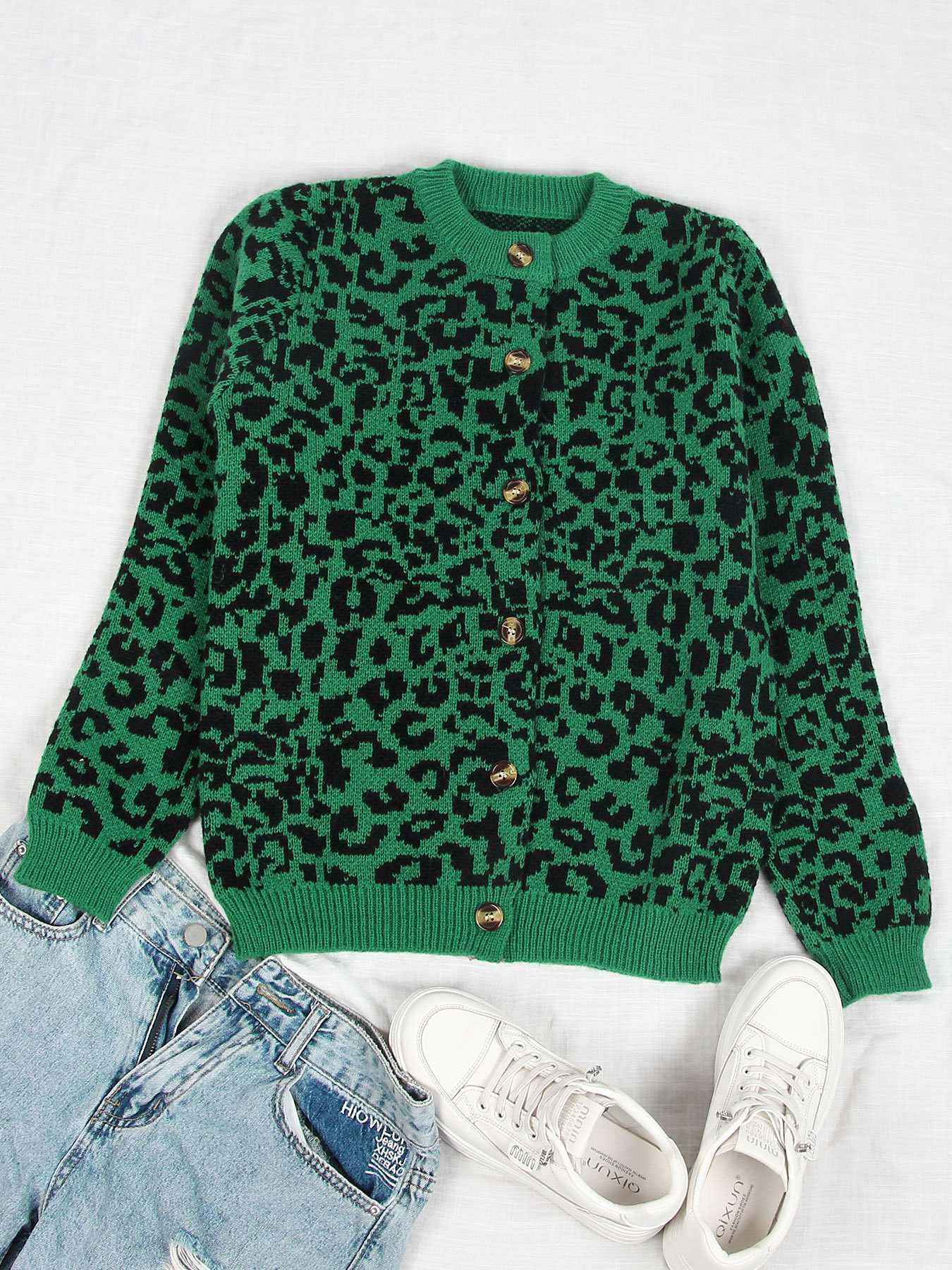 Women's Leopard Print Open Front Long Sleeve Knit Cardigan Sweater